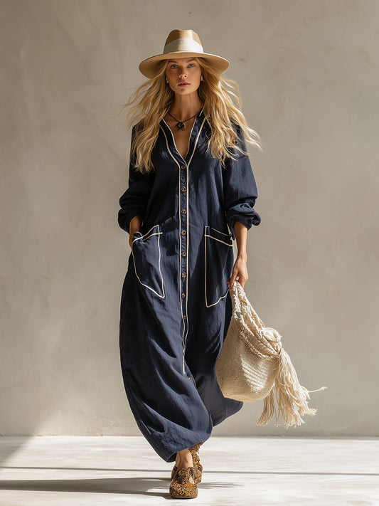 Elegant Navy Blue Cotton Linen Blend Maxi Dress With Buttons