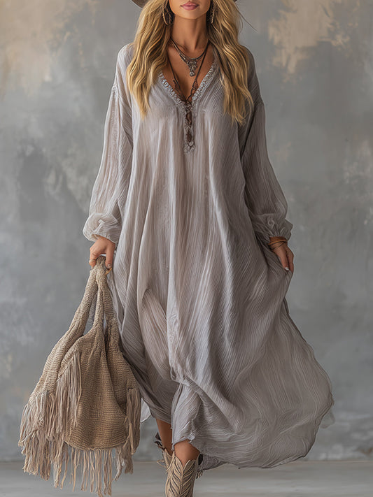 Elegant Light Gray Crinkled Chiffon V-Neck Pleated Maxi Dress