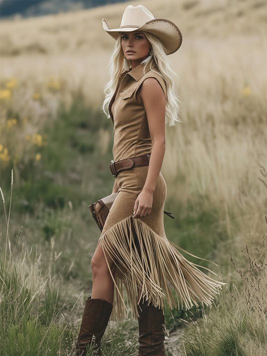 Retro Western Style Light Brown Sleeveless Tassel Midi Dress