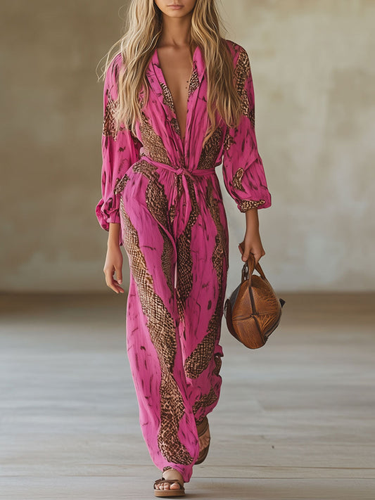 Rose Red Leopard Print Chiffon Long Sleeve Loose Fit Jumpsuit