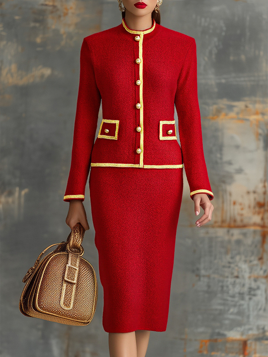 Retro Elegant Knitted Cardigan And Hip Skirt Two-Piece Set
