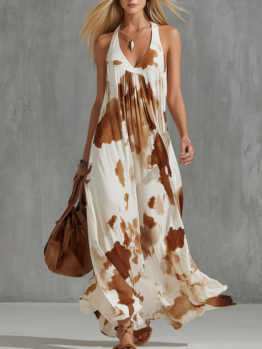 Vintage Brown Cow Print Chiffon Sleeveless Maxi Dress For Women