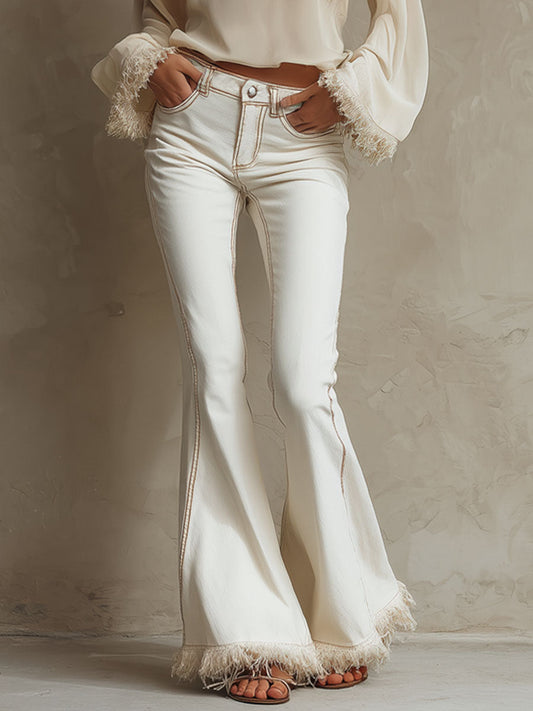 Beige Frayed Hem Flared Jeans High Rise Vintage Style Pants