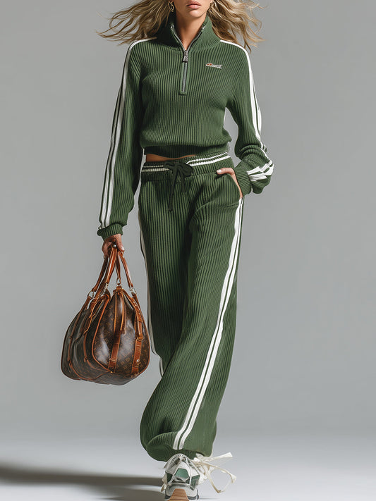 Casual Green Sporty Half-Zip Knitted Sweater And Pants Set