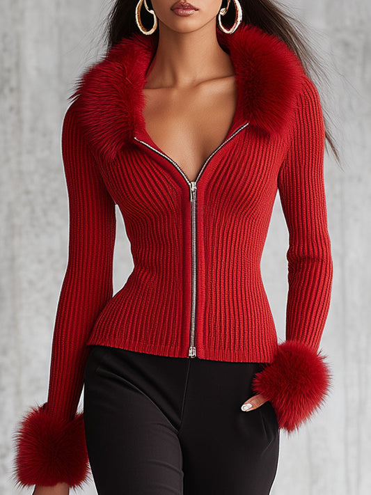 Lapel Zipper Faux Fur Collar Knitted Cardigan for Women