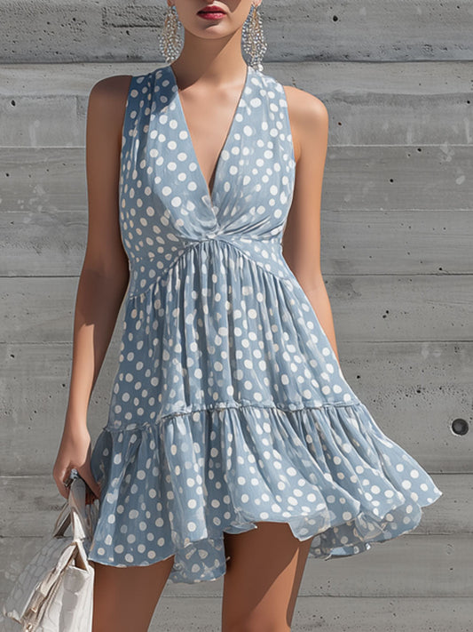 Retro Polka Dot Chiffon Sleeveless Ruffle Mini Dress Gray Blue