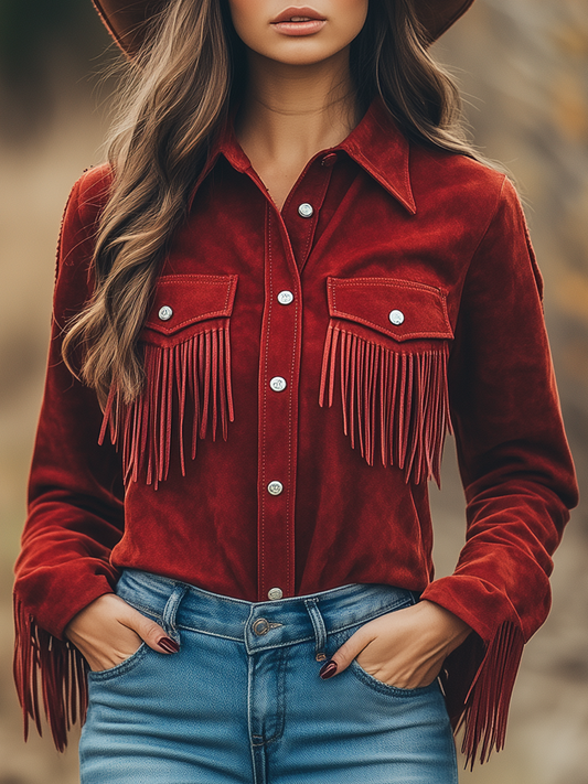 Red Suede Western Cowboy Shirt with Tassel Detail and Lapel