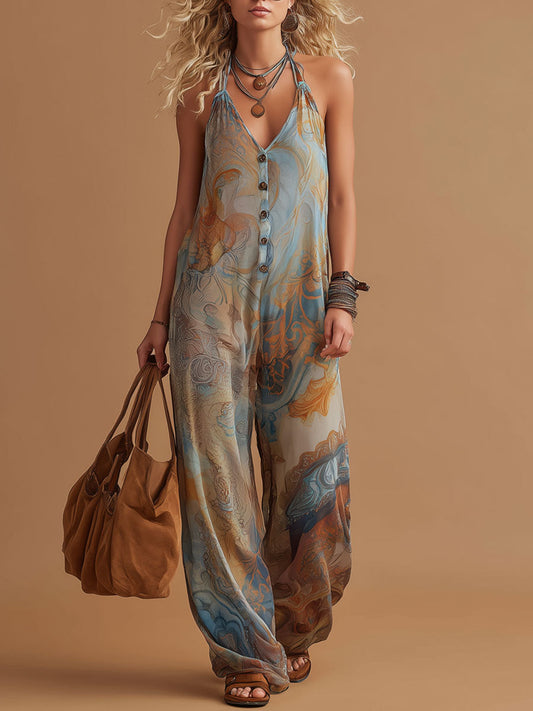 Blue Bohemian Print Chiffon V-Neck Sleeveless Wide-Leg Vacation Jumpsuit