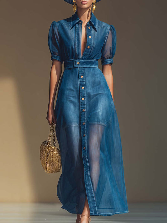 Chic V-Neck Organza Overlay Denim Maxi Dress With Buttons