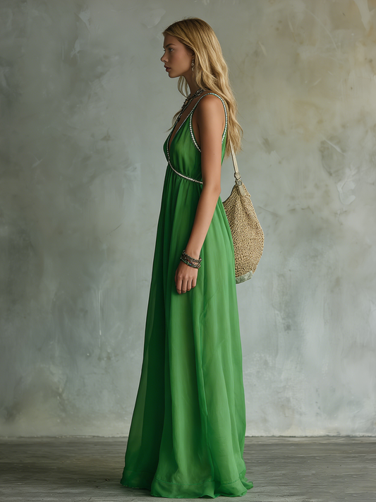Elegant Sleeveless V-Neck A-Line Chiffon Maxi Dress in Green