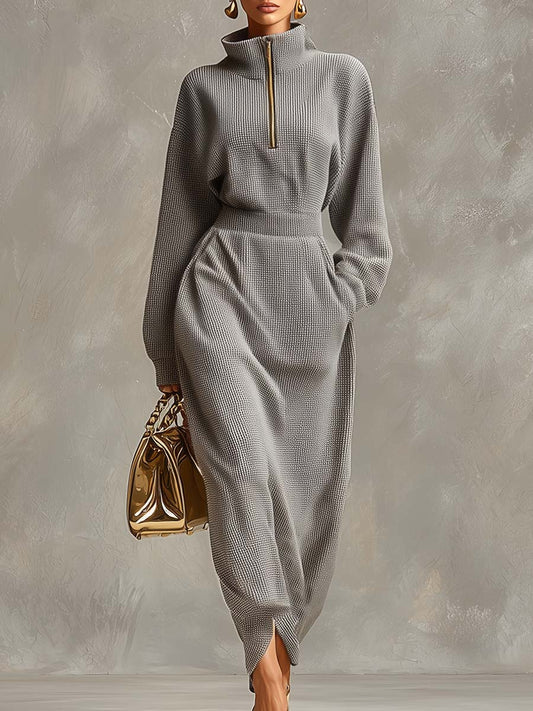 Casual Light Gray Waffle Fabric Maxi Dress with Front Zipper
