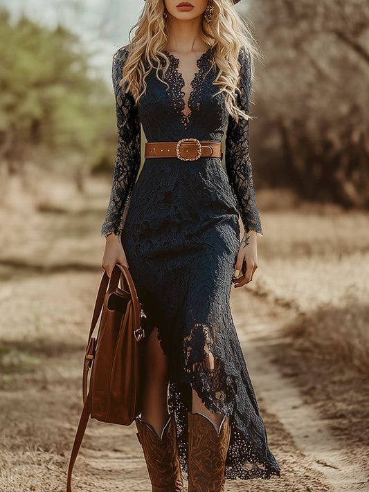 Vintage Bohemian Lace Long Sleeve V-Neck Midi Dress with Belt