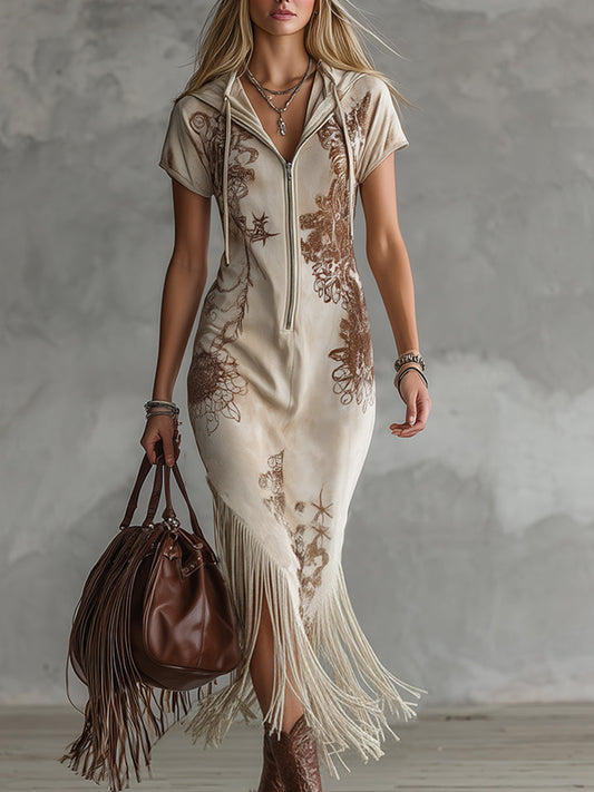 Vintage Print Off-White Faux Suede Hooded Maxi Dress