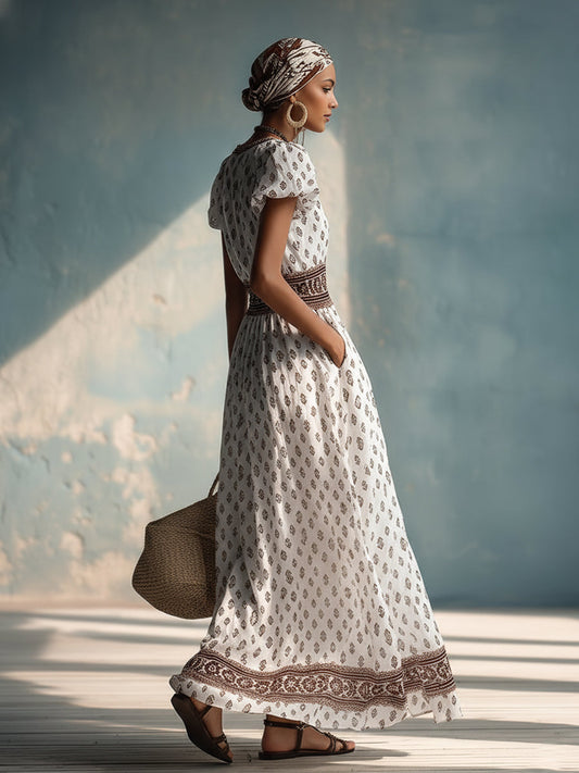 Retro Ethnic Printed White Chiffon V-Neck Short Sleeve Maxi Dress