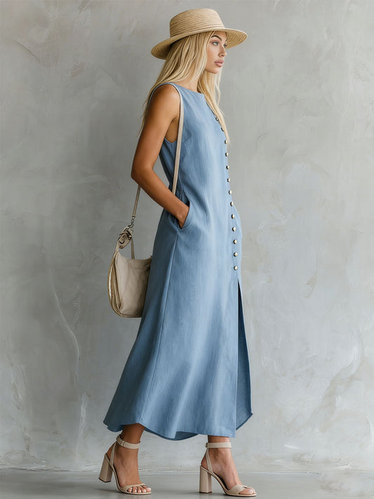 Breathable Blue Cotton Sleeveless Midi Dress With Side Slit Detail