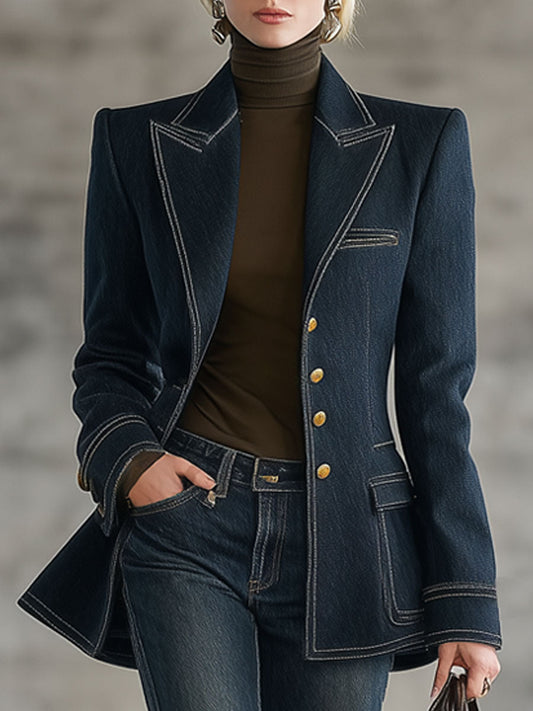 Vintage Style Navy Blue Denim Jacket With Contrast Topstitching