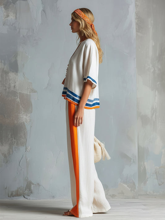 Casual Contrast-Trimmed Cotton-Linen T-Shirt and Wide-Leg Pants Set