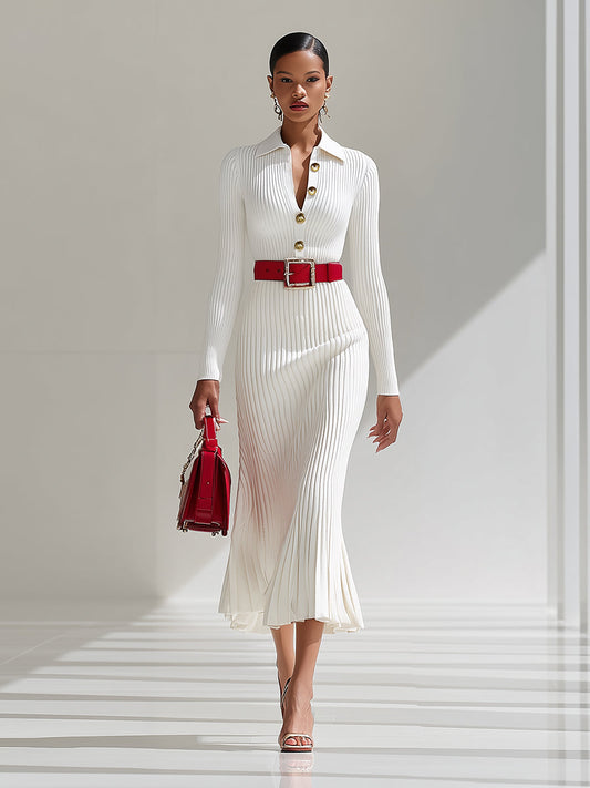 Elegant White Wool Lapel Maxi Dress with Button Detail