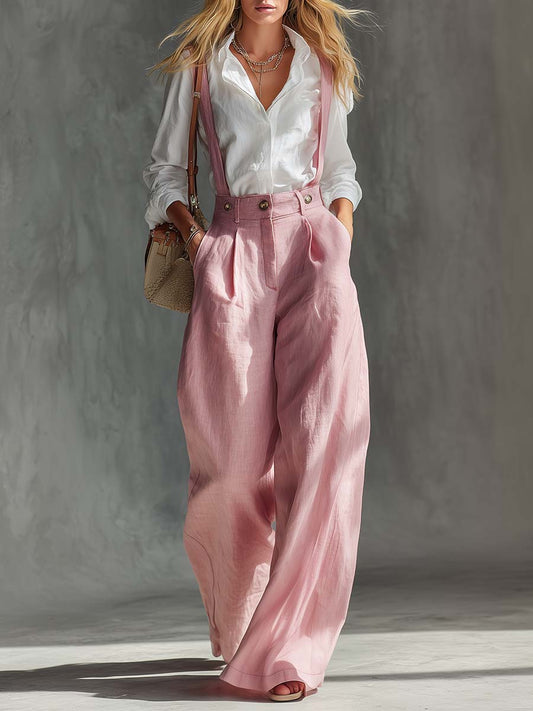 Vintage Style Pink Cotton Linen Wide Leg Overalls With Pockets