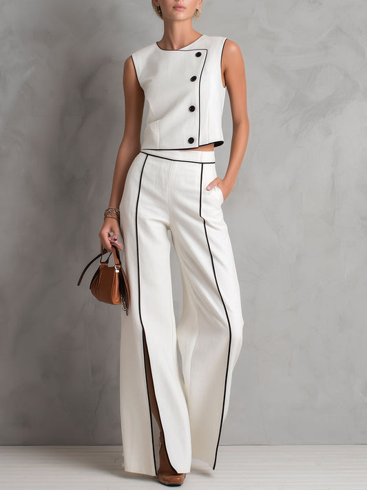 Stylish White Cotton Sleeveless Top And Split Leg Pant Set