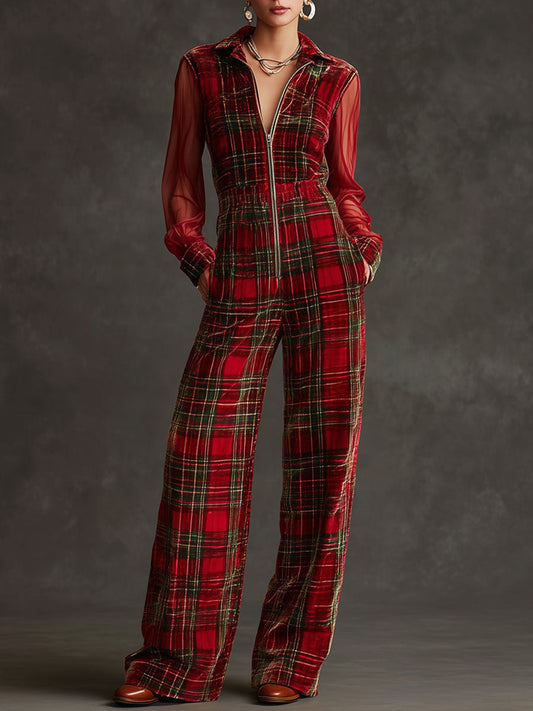 Retro Red and Green Plaid Velvet Wide Leg Jumpsuit
