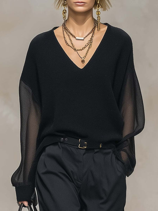 Comfortable V-Neck Black Sheer Long-Sleeved Knitted Blouse Top