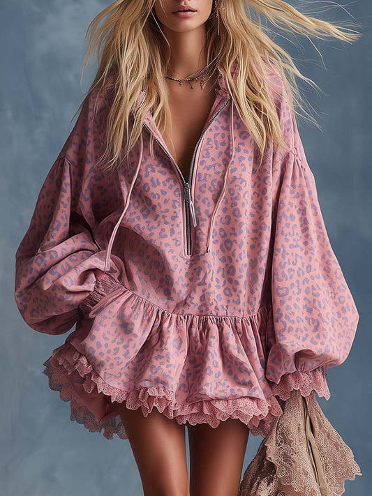 Pink Leopard Print Faux Suede Hooded Mini Dress with Ruffles