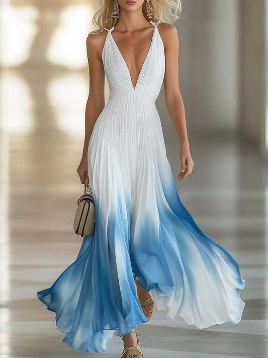 Elegant V-Neck Pleated Chiffon Maxi Dress in Blue Gradient