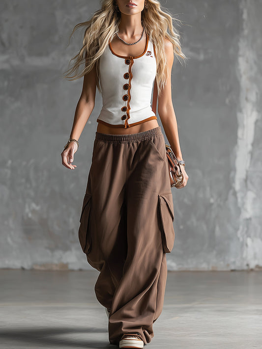 Sporty White Tank Top and Brown Sweatpants Matching Set