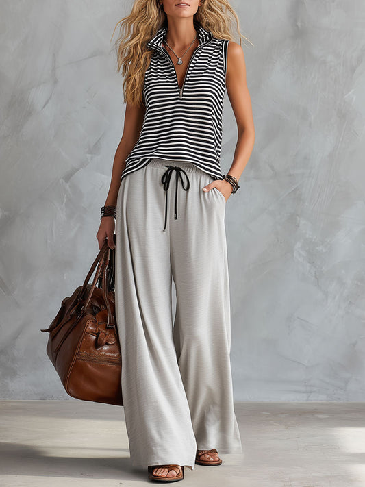 Sporty Retro Black White Striped Half-Zip Sleeveless Wide-Leg Pants Set