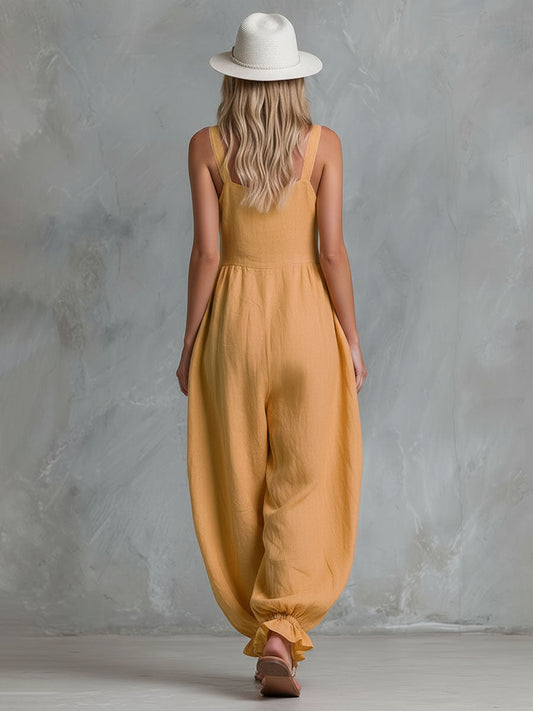 Breathable Cotton Linen Sleeveless Button Front Jumpsuit for Women