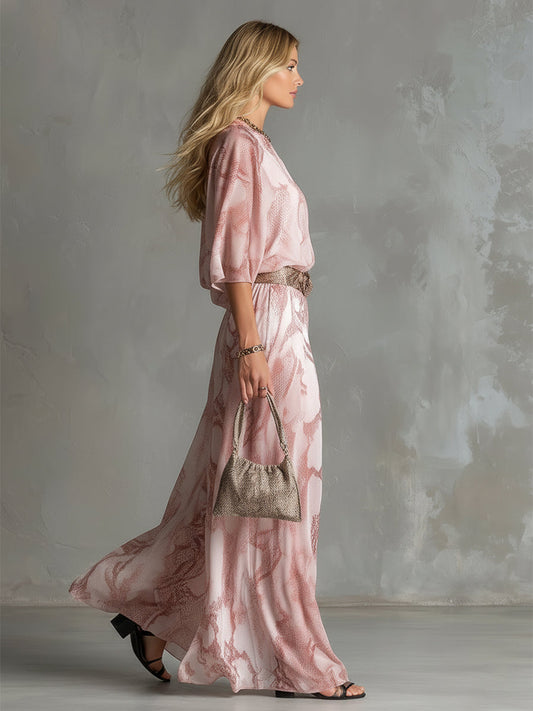 Pink Snakeskin Print One-Shoulder Crop Top And Wide-Leg Pants Set