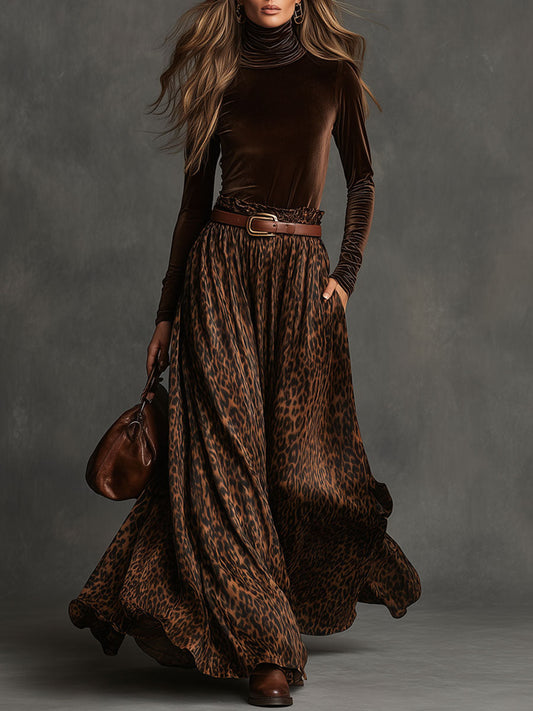 Velvet Turtleneck Top and Leopard Print Skirt Set Brown
