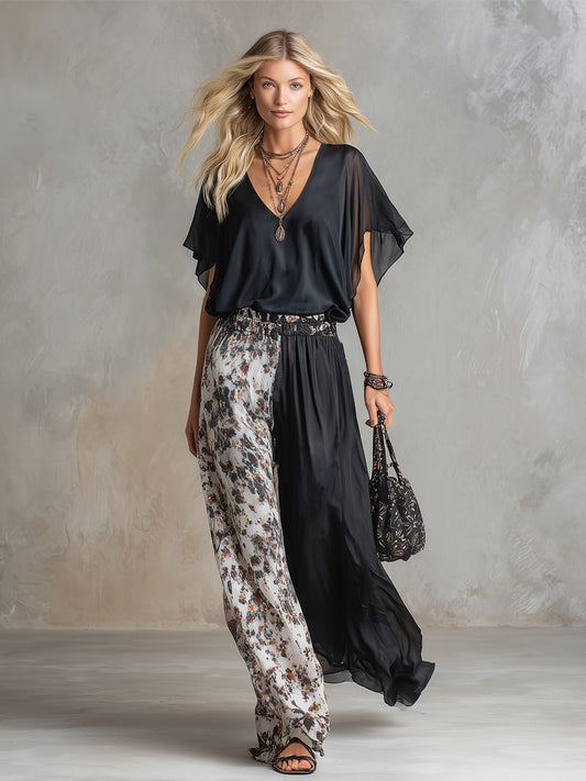 Chic Black Chiffon T-Shirt and Contrast Print Wide Leg Set