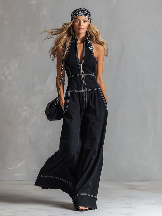 Stylish Black Tencel Denim Sleeveless Wide-Leg Jumpsuit with Front Zipper