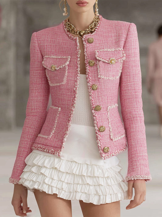 Elegant Pink Tweed Patchwork Jacket with White Trim and Buttons