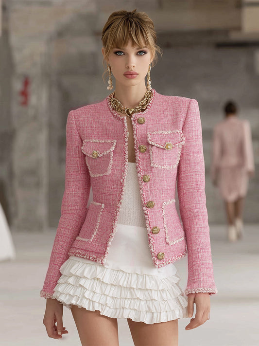 Elegant Pink Tweed Patchwork Jacket with White Trim and Buttons