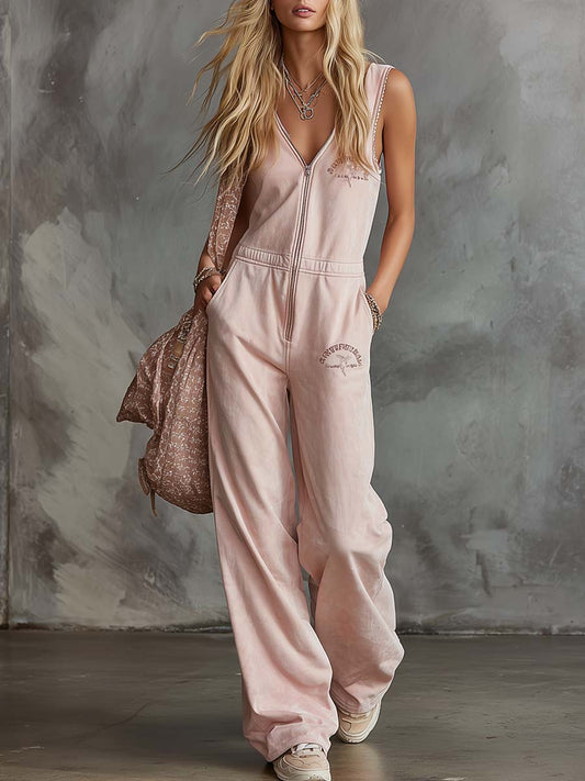 Elegant Retro Sporty V-Neck Sleeveless Cotton Jumpsuit Light Pink