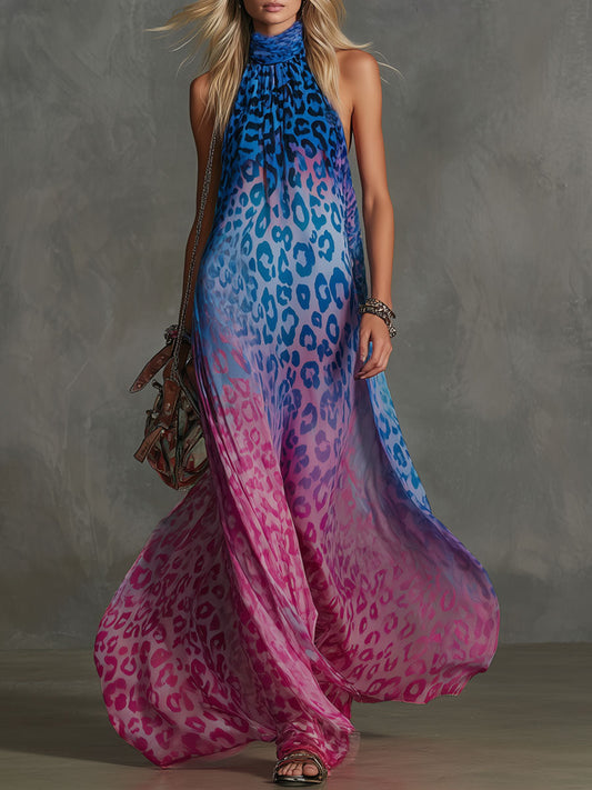 Gradient Leopard Print Chiffon High Neck Sleeveless Flowing Maxi Dress