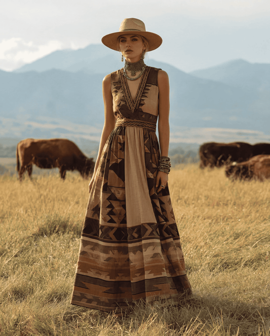 Retro Geometric Pleated Sleeveless V-Neck Maxi Dress