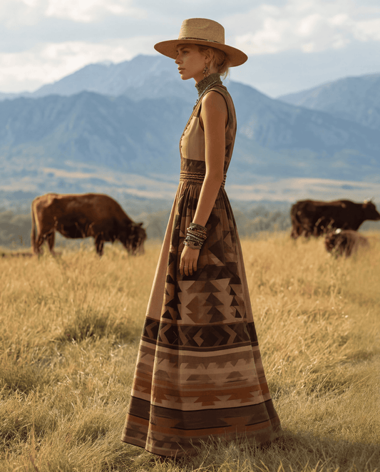 Retro Geometric Pleated Sleeveless V-Neck Maxi Dress