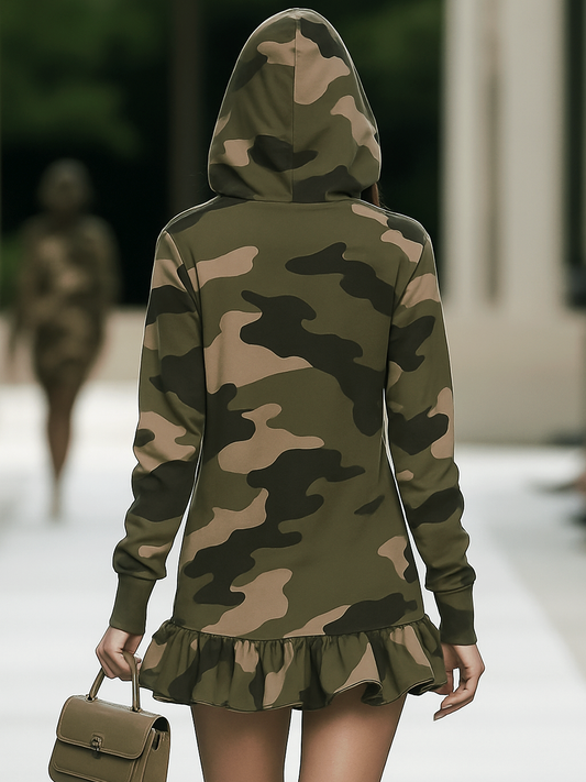 Camouflage Ruffle Long Sleeve Hooded Mini Dress for Women