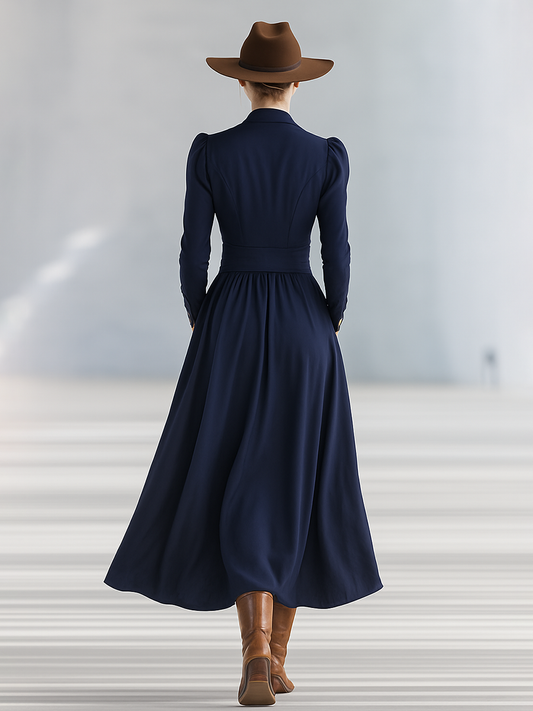 Elegant Button-Decorated V-Neck Long-Sleeved Maxi Dress in Dark Blue