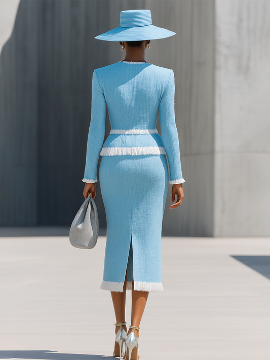 Elegant Light Blue Tweed Skirt Set With Gold Buttons