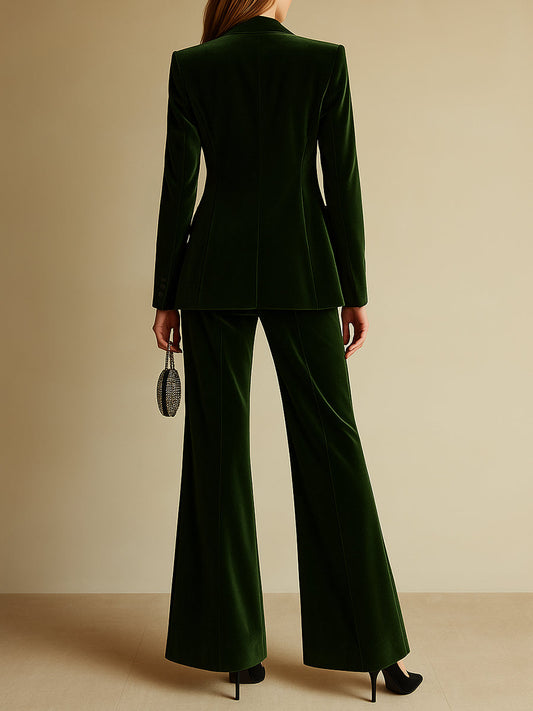 Elegant Emerald Green Velvet Blazer and Wide Leg Pant Suit