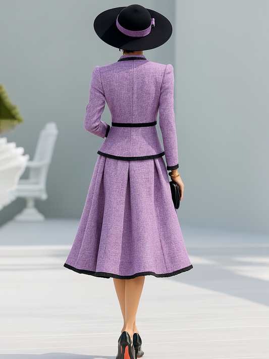 Chic Purple Contrast Trim Tweed Blazer and Skirt Two-Piece Set