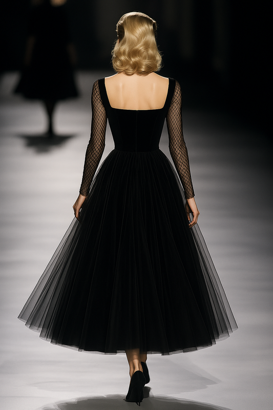 Retro Classic French Black Gauze Maxi Dress for Elegant Evenings