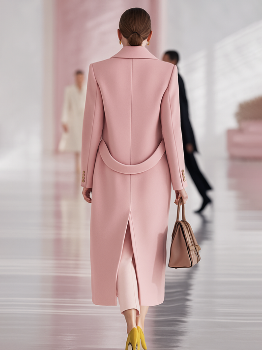 Classic Pink Tweed Long Coat with Lapel and Single-breasted Closure
