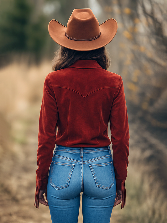 Red Suede Western Cowboy Shirt with Tassel Detail and Lapel