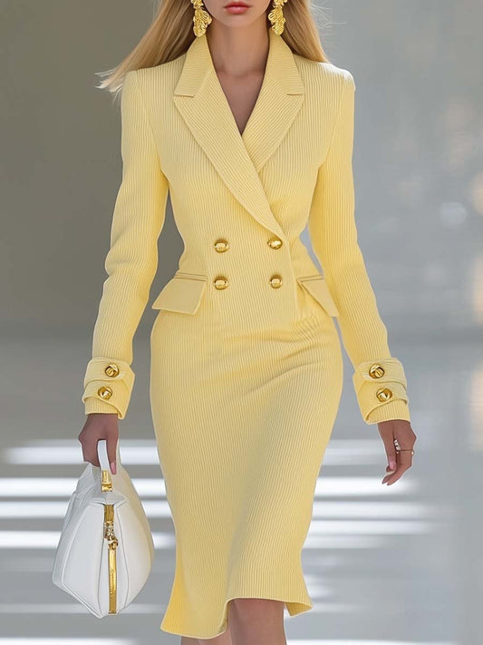 Elegant Light Yellow V-Neck Knitted Midi Dress for Women